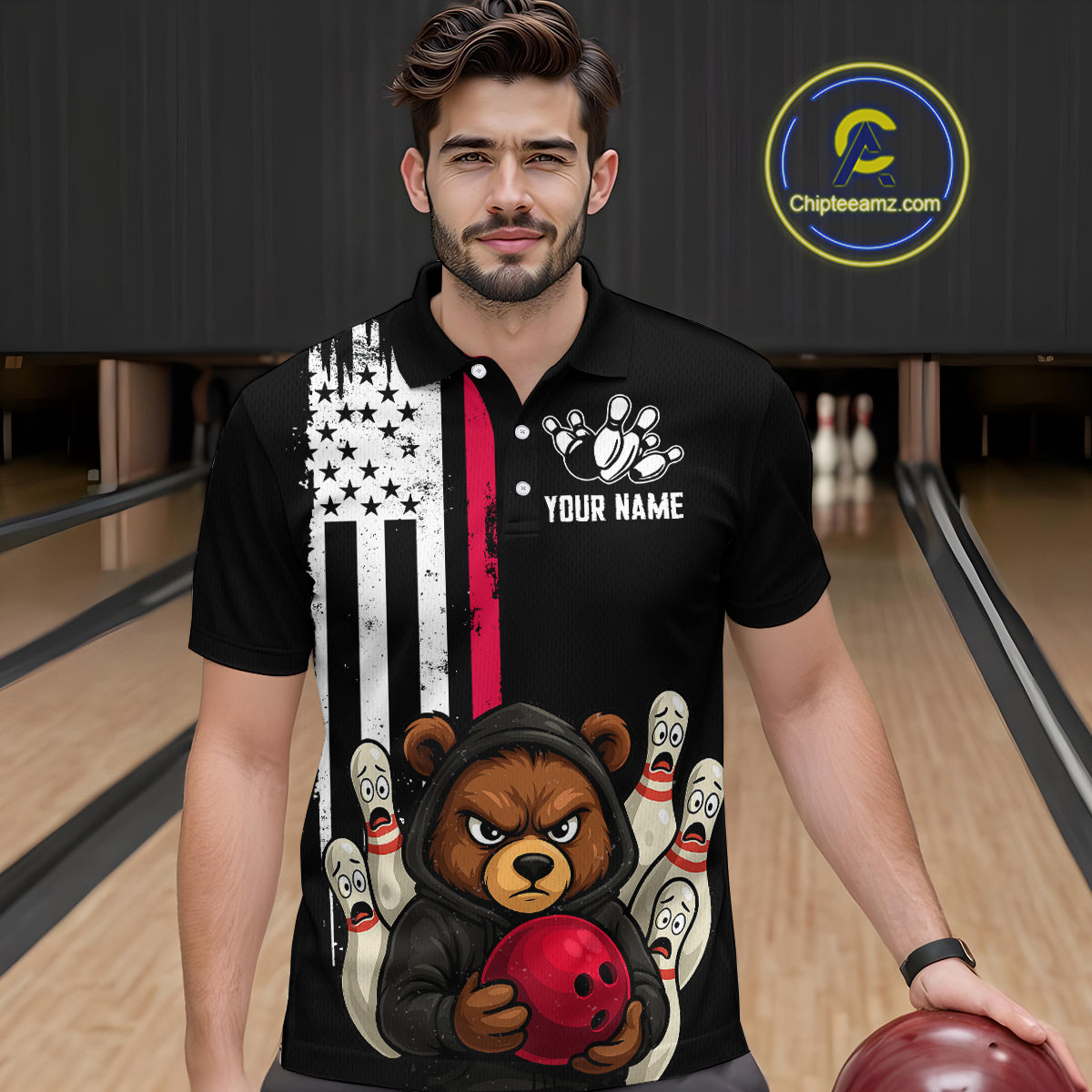 Custom American Flag Bear Bowling Men Polo & 1/4 Zip Shirts Bowling Team Jerseys HNT90