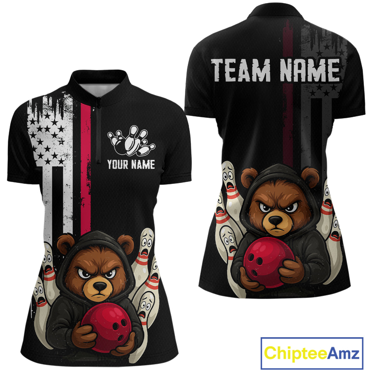 Custom American Flag Bear Bowling Women Polo & 1/4 Zip Shirts Bowling Team Jerseys HNT90