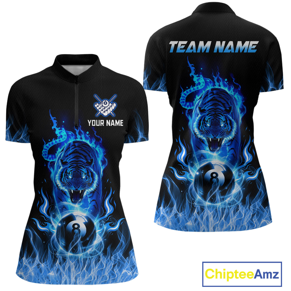 Custom Blue Tiger Flaming 8 Ball Pool Women Billiard Polo & 1/4 Zip Shirts Billiard Team Shirt NNT79