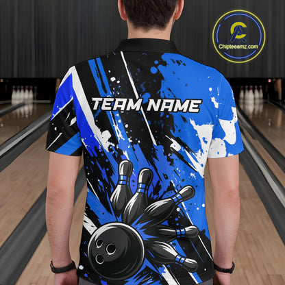 Custom Blue Bowling Jersey for Men Bowling Uniform Polo & 1/4 Zip Bowling Team Shirts HNT105