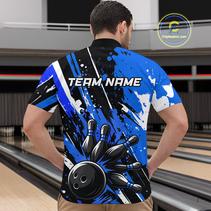 Custom Blue Bowling Jersey for Men Bowling Uniform Polo & 1/4 Zip Bowling Team Shirts HNT105