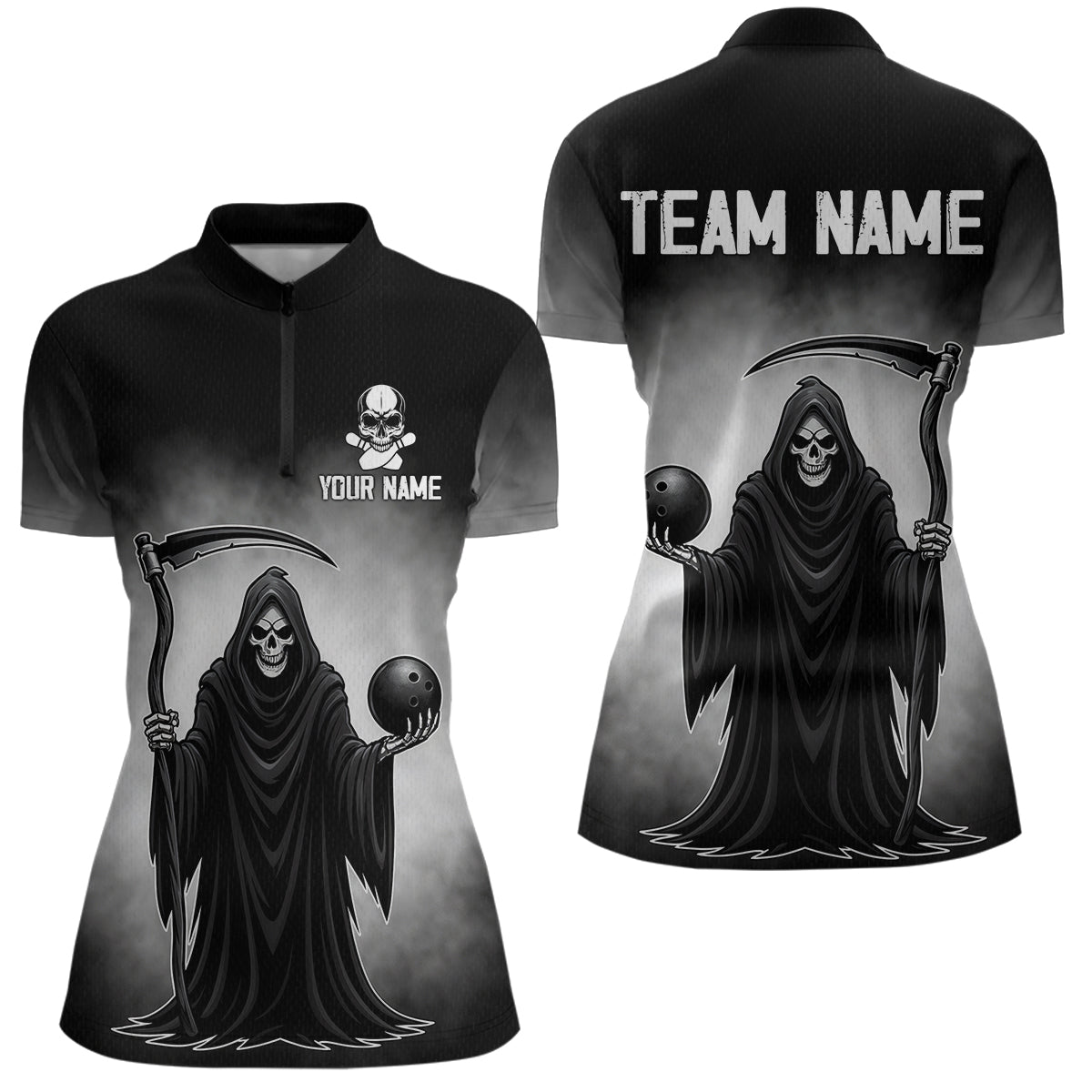 Custom Black Skeleton Bowling Jersey for Women Bowling Uniform Polo & 1/4 Zip Bowling Team Shirts HNT110