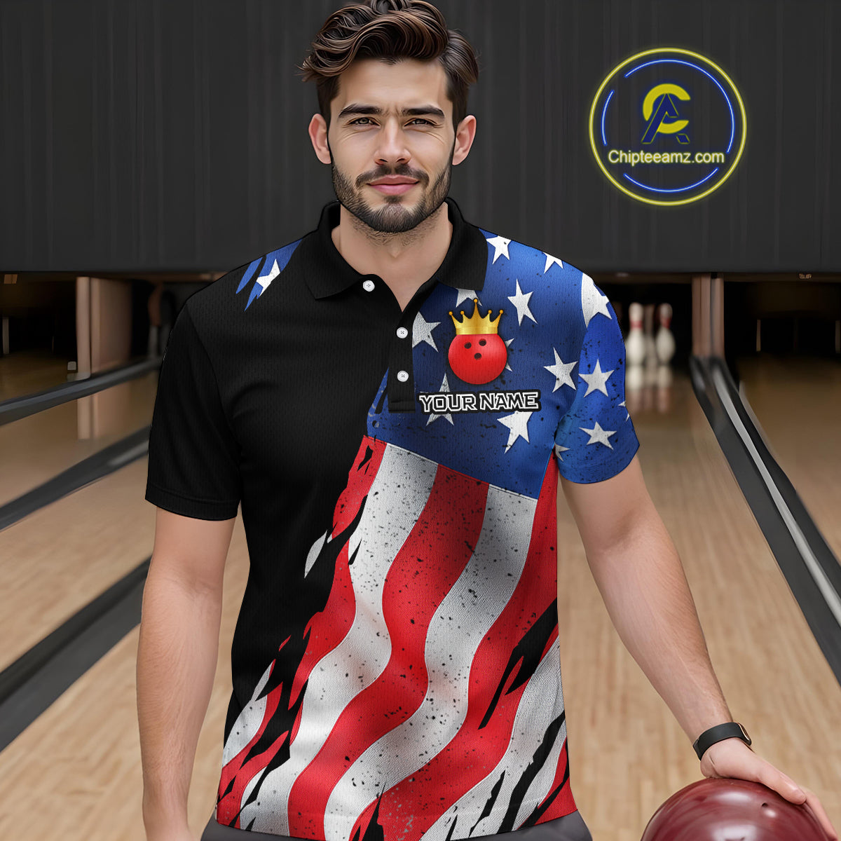 Custom US Flag Crown Bowling Men Bowling Shirt Polo & Quarter-Zip Bowling Team Jerseys HNT85