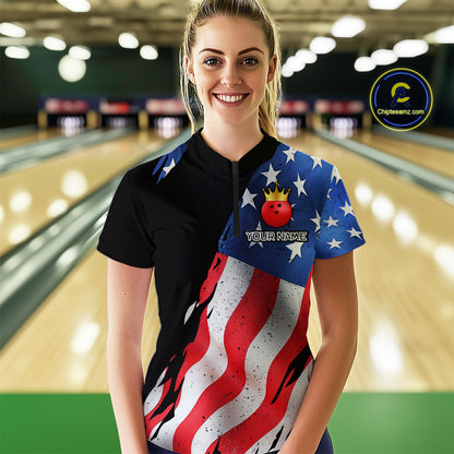 Custom US Flag Crown Bowling Women Bowling Shirt Polo & Quarter-Zip Bowling Team Jerseys HNT85