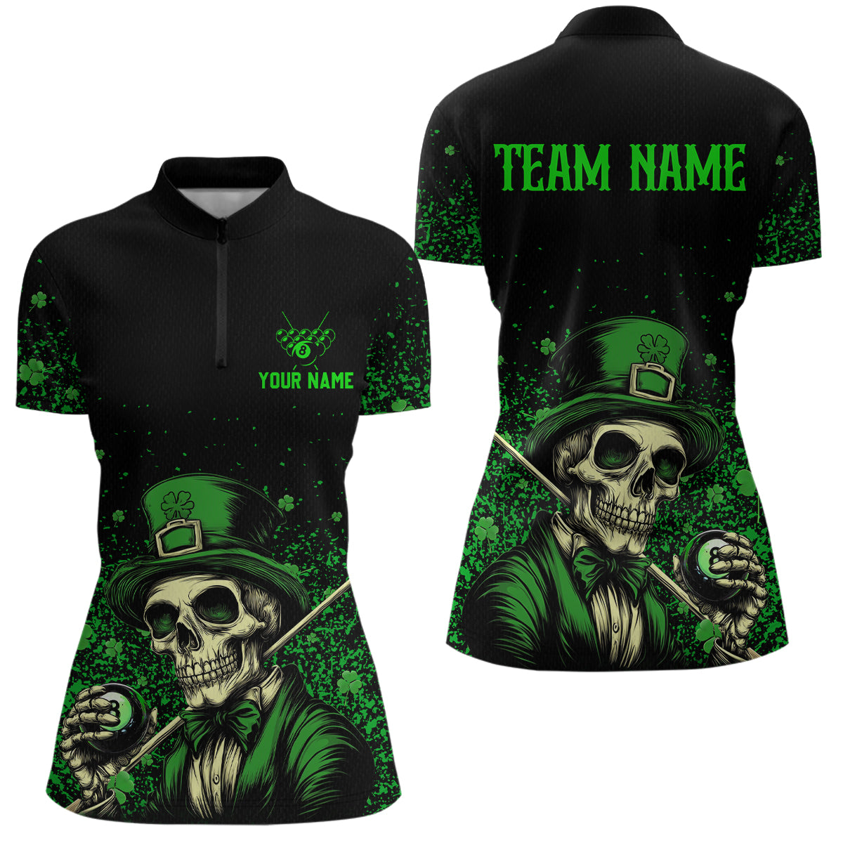 St Patrick Day Funny Skull Ball Billiards Shirt Women Polo & 1/4 Zip Shirts Billiard Team NNT23