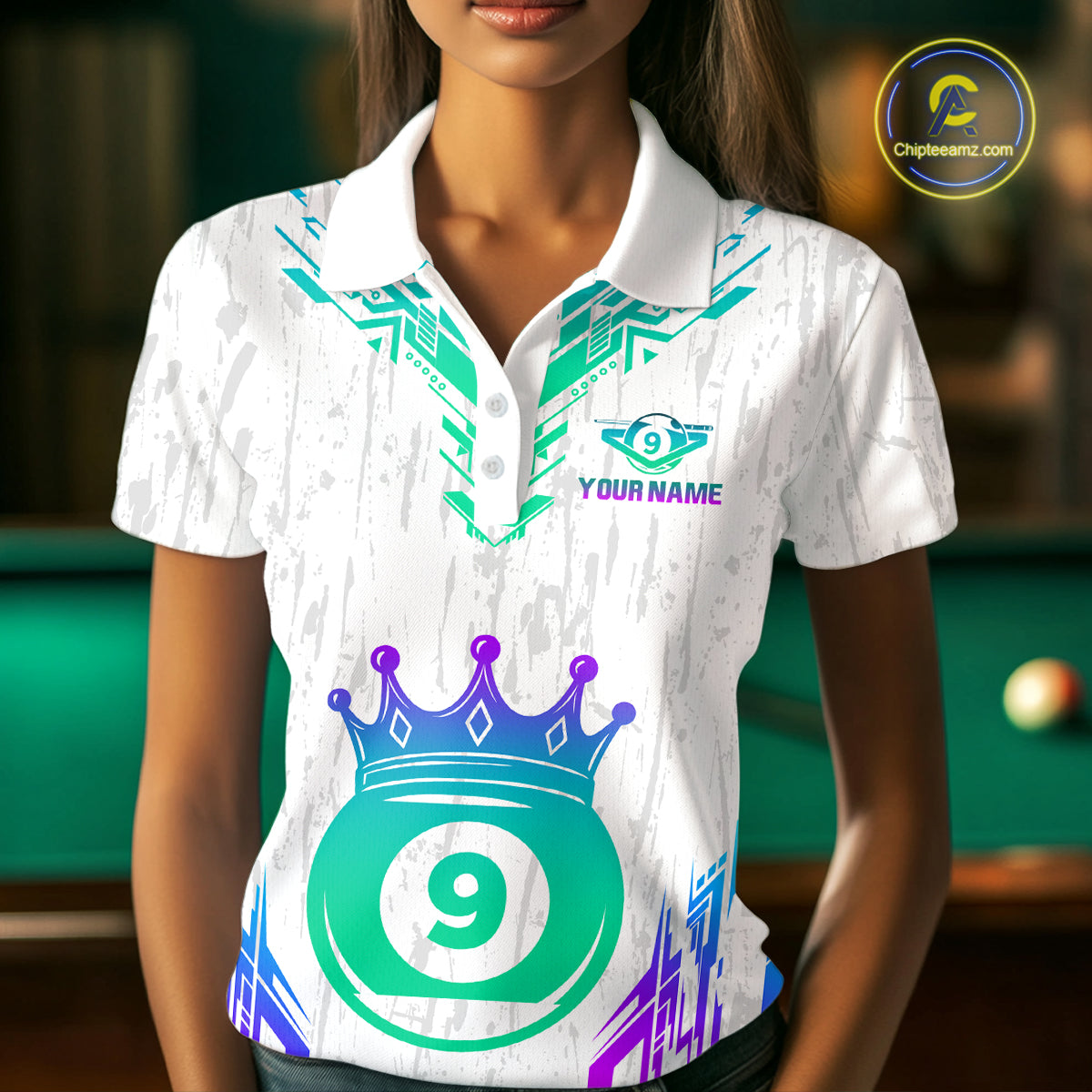 Custom White 9 Ball Crown Neon Billiard Shirts for Women Billiard Team Shirts Billiard League NNT74