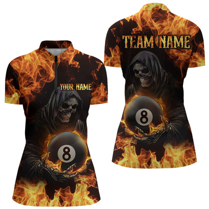 Flame Skeleton 8 Ball Billiard Shirts for Women Custom Billiard Team Shirts Polo & 1/4 Zip NNT101
