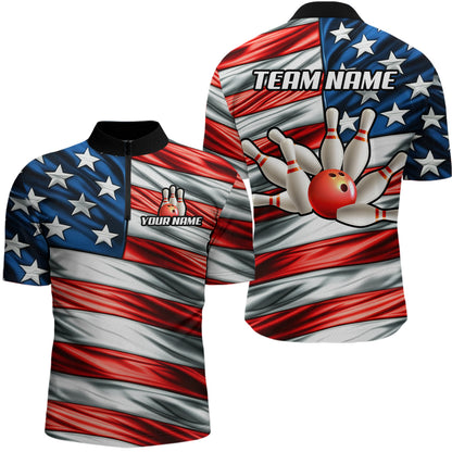 Custom American Flag Bowling Men Shirts Bowling Uniform Polo & 1/4 Zip Bowling Team Jerseys HNT97