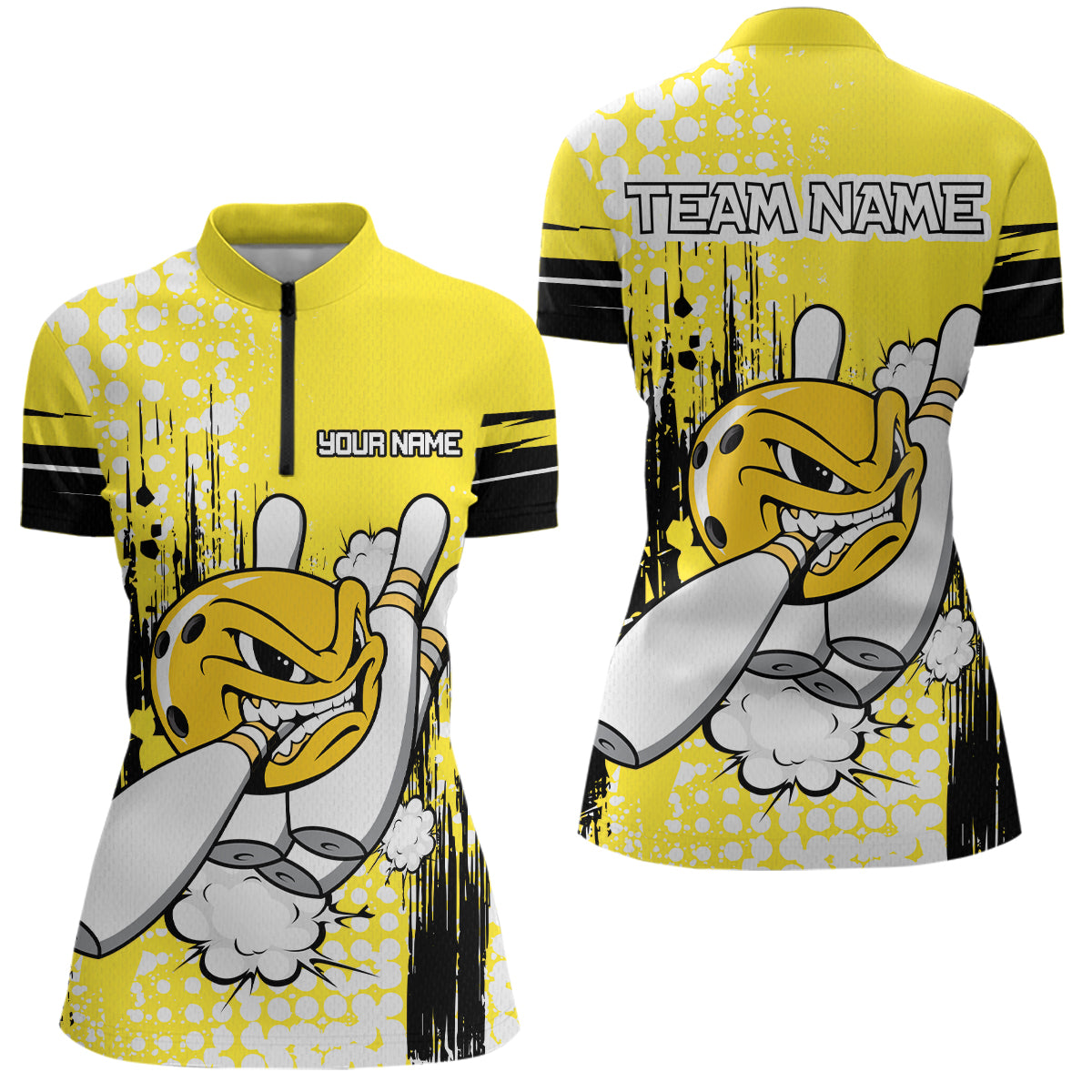 Personalized Yellow Funny Crazy Bowling Shirt for Women Polo & Quarter-Zip Bowling Jersey with Team HNT03