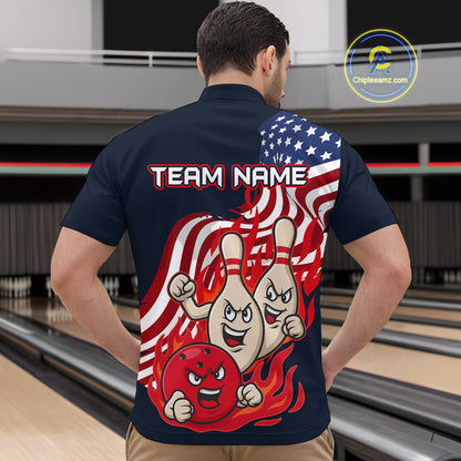 Custom American Flag Bowling Men Polo & 1/4 Zip Shirts Funny Flame Bowling Team Jerseys HNT92