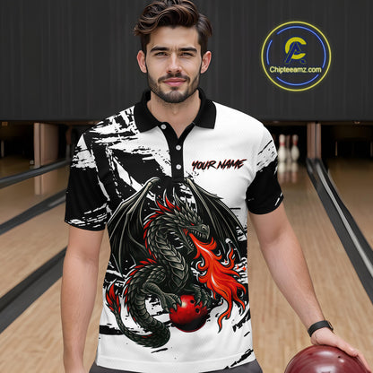 Custom Black Dragon Flame Bowling Men Shirts Bowling Gifts Polo & 1/4 Zip Bowling Team Jerseys HNT100
