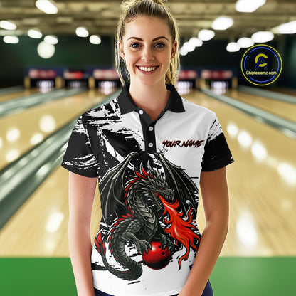 Custom Black Dragon Flame Bowling Women Shirts Bowling Gifts Polo & 1/4 Zip Bowling Team Jerseys HNT100