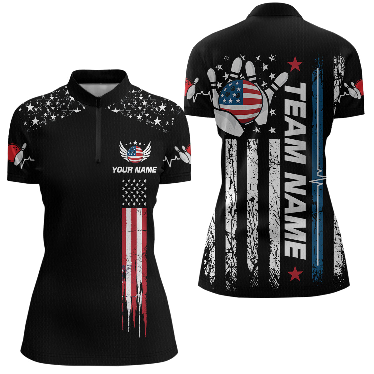 American Flag Bowling Custom Women Bowling Shirt Polo & Quarter-Zip Bowling Team Jerseys HNT54