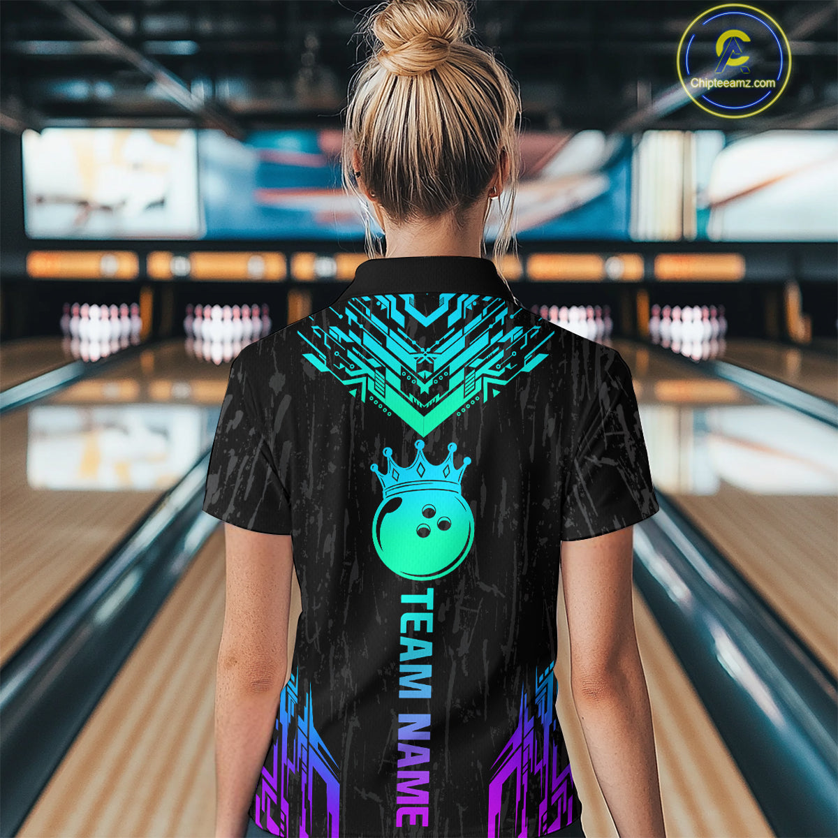 Custom Black Neon Crown Bowling Jersey for Women Polo & 1/4 Zip Bowling Team Shirts HNT123