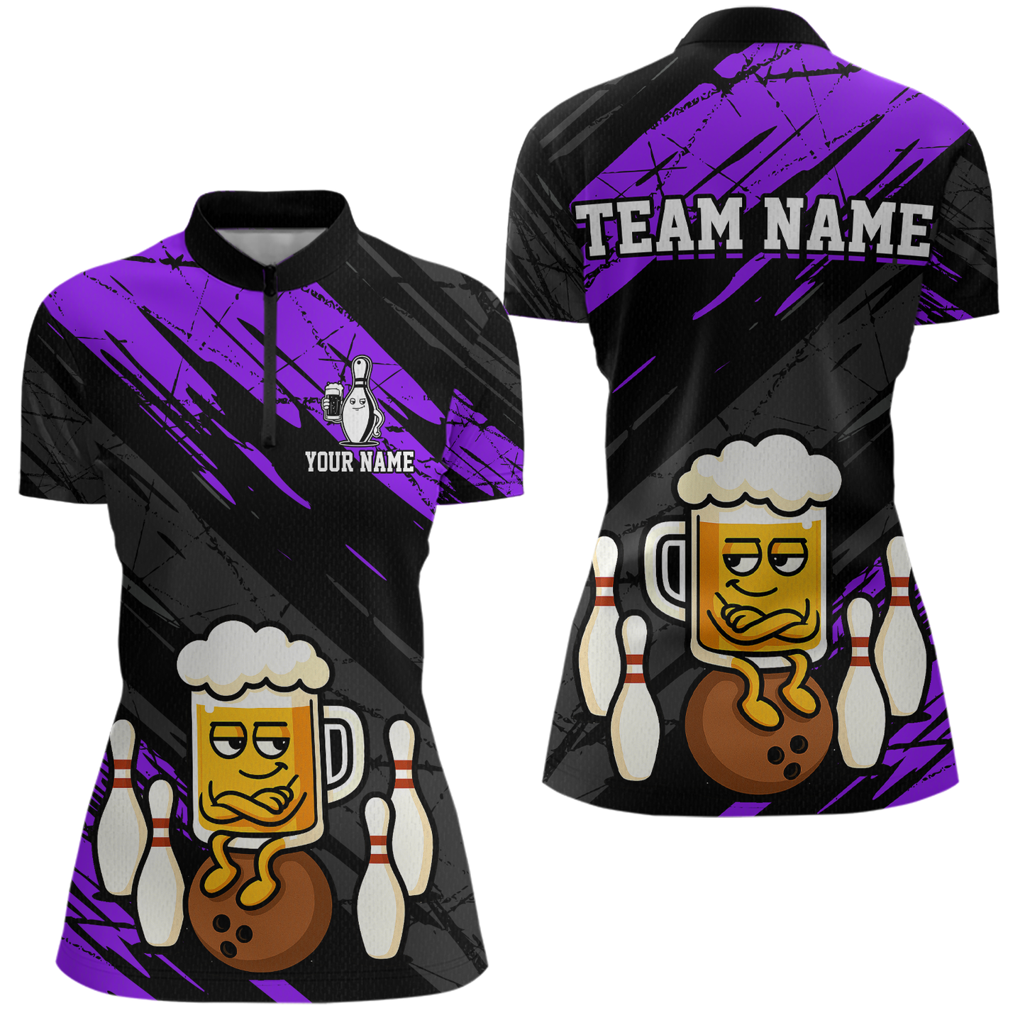 Custom Purple Funny Beer Bowling Jersey for Women Bowling Uniform Polo & 1/4 Zip Bowling Team Shirts HNT107
