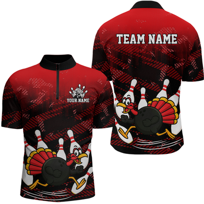 Custom Red Funny Turkey Bowling Jersey for Men Thanksgiving Bowling Team Shirts Polo & 1/4 Zip HNT125