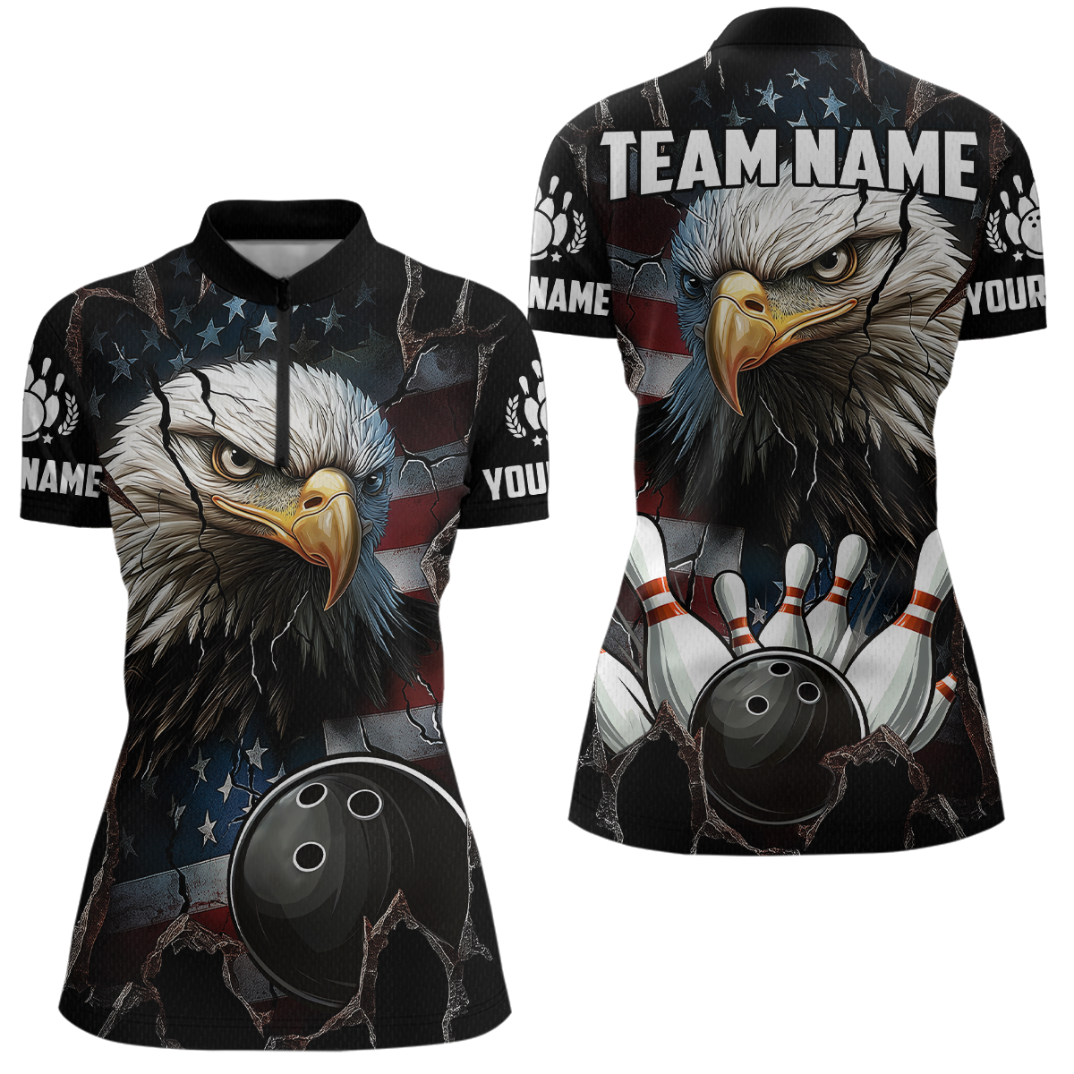 US Flag Eagle Bowling Shirt for Women Personalized Polo & Quarter-Zip Team Bowling Jersey with Team HNT02