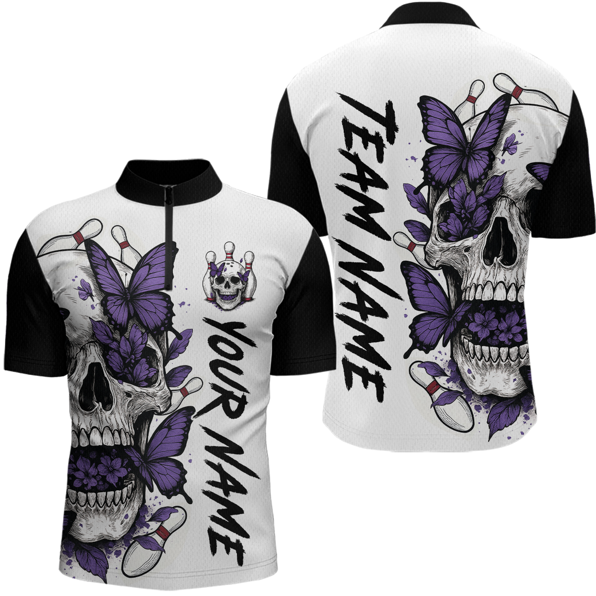 Purple Butterfly Skull Bowling Men Bowling Shirt Polo & Quarter-Zip Bowling Team Jerseys HNT80