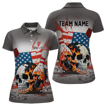 Custom American Flag Skull Flame Bowling Women Polo & 1/4 Zip Shirts Bowling Team Jerseys HNT91