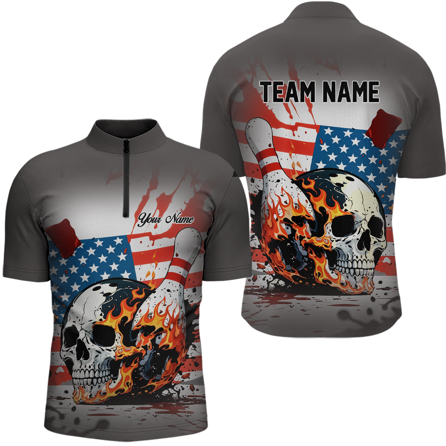 Custom American Flag Skull Flame Bowling Men Polo & 1/4 Zip Shirts Bowling Team Jerseys HNT91