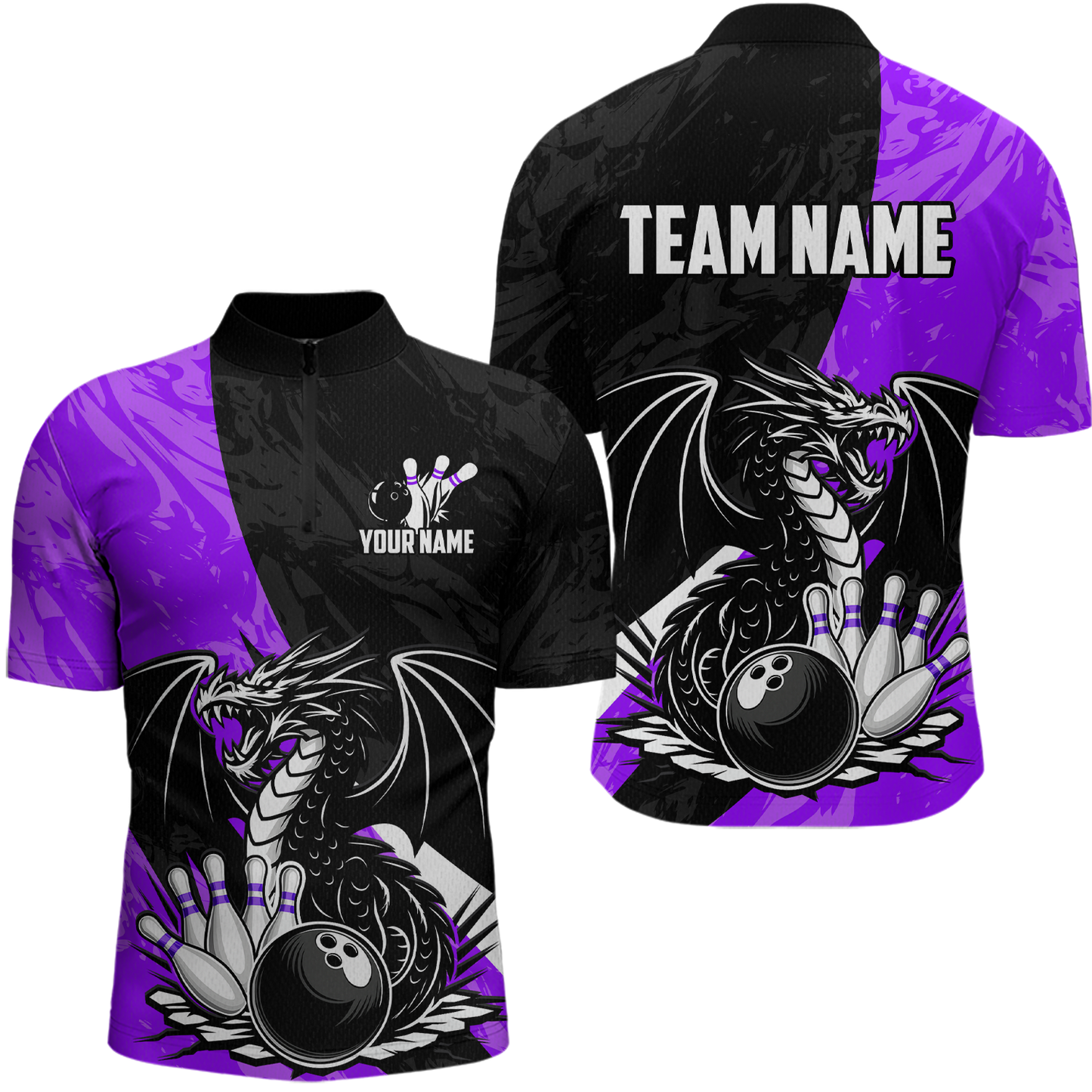 Custom Purple Dragon Bowling Men Shirts Bowling Uniform Polo & 1/4 Zip Bowling Team Jerseys HNT103