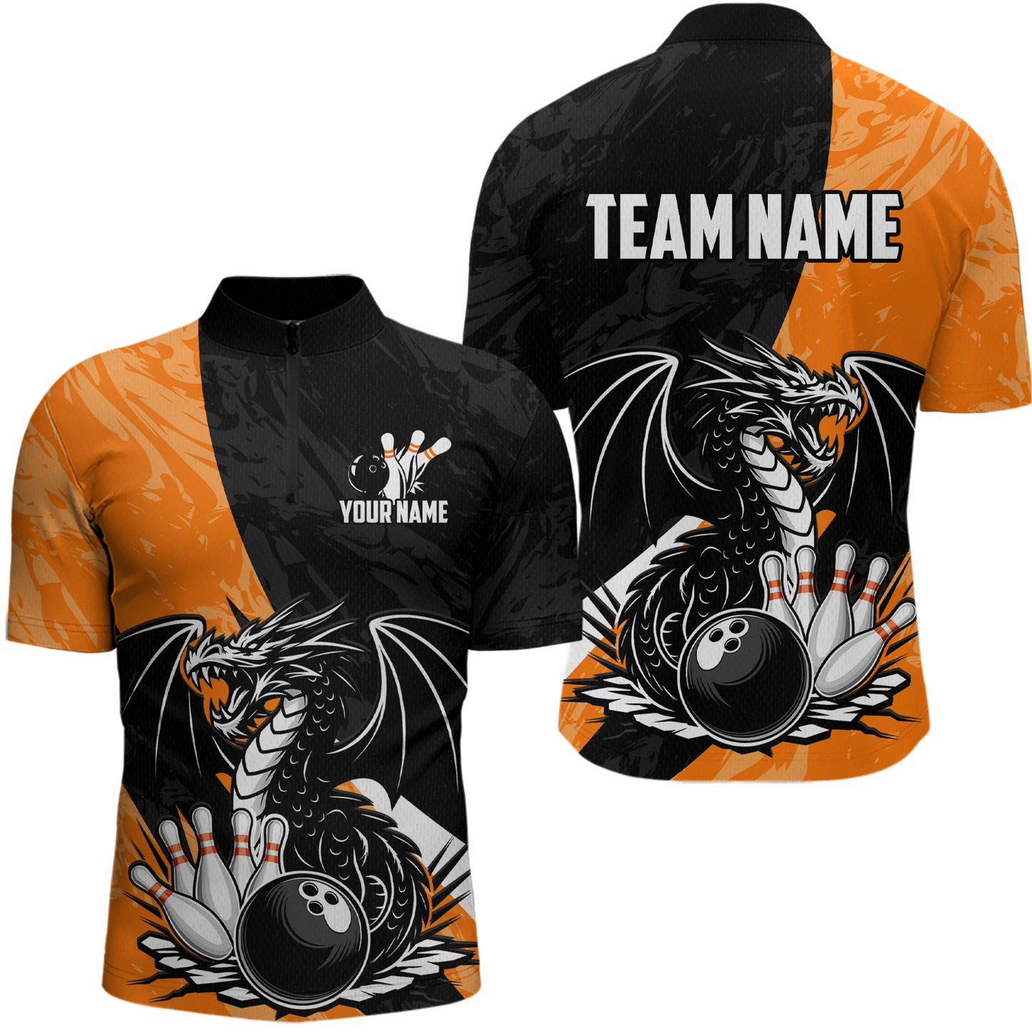 Custom Orange Dragon Bowling Men Shirts Bowling Uniform Polo & 1/4 Zip Bowling Team Jerseys HNT103