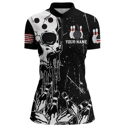 American Skull Bowling 1/4 Zip Shirt Men & Women Custom Bowling Team Jersey Patriotic CP01