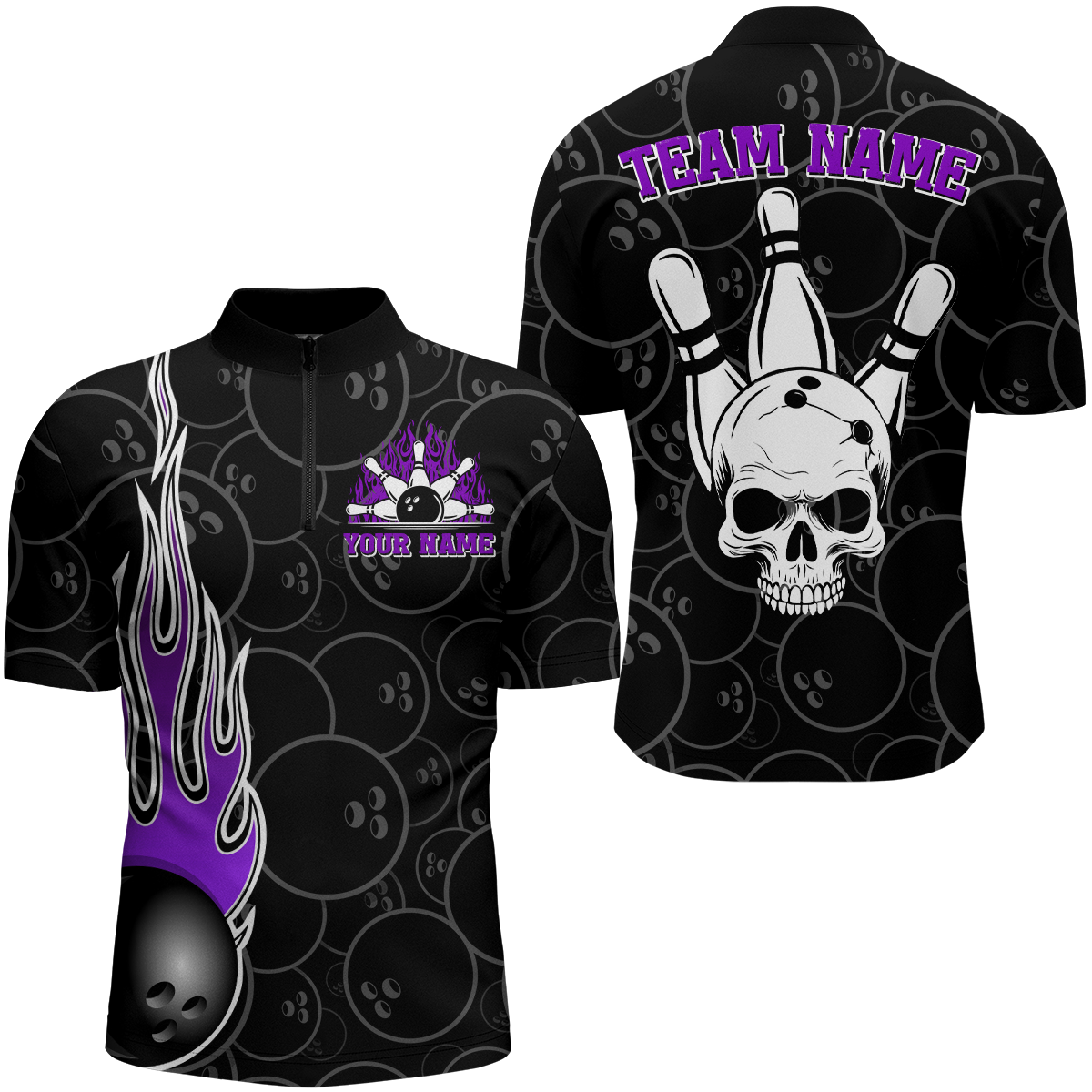 Men Skull Bowling Jersey Custom Bowling Team Shirts Unisex Bowling Men Short Sleeve Quarter-zip Shirt CP30
