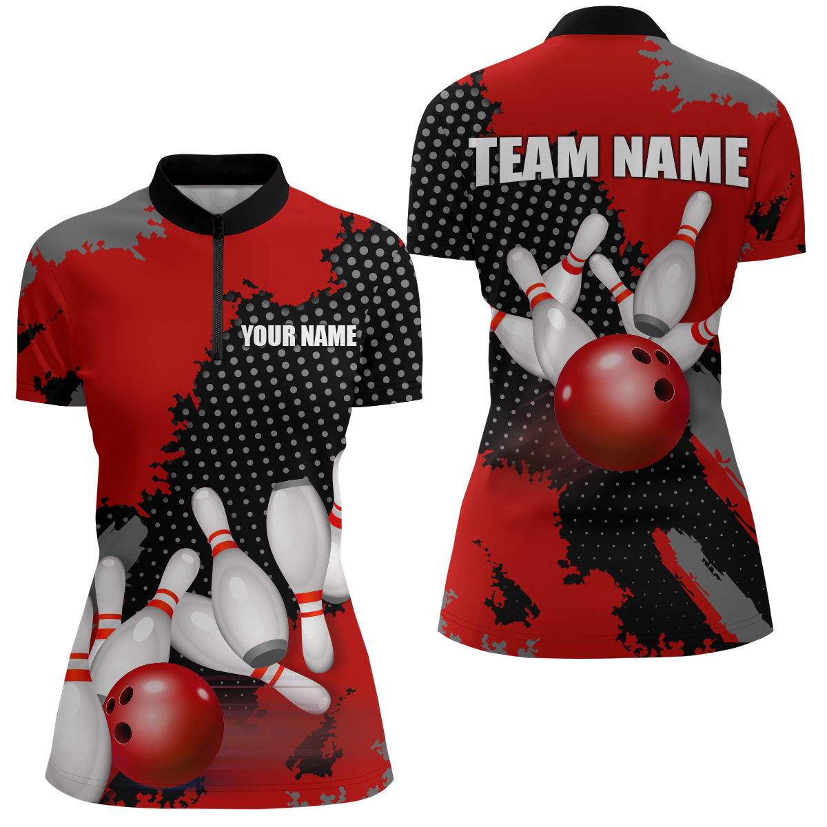 Red Bowling Jersey Men Women Custom Bowling Team Shirts Unisex Bowling Polo Quarter-zip CP27