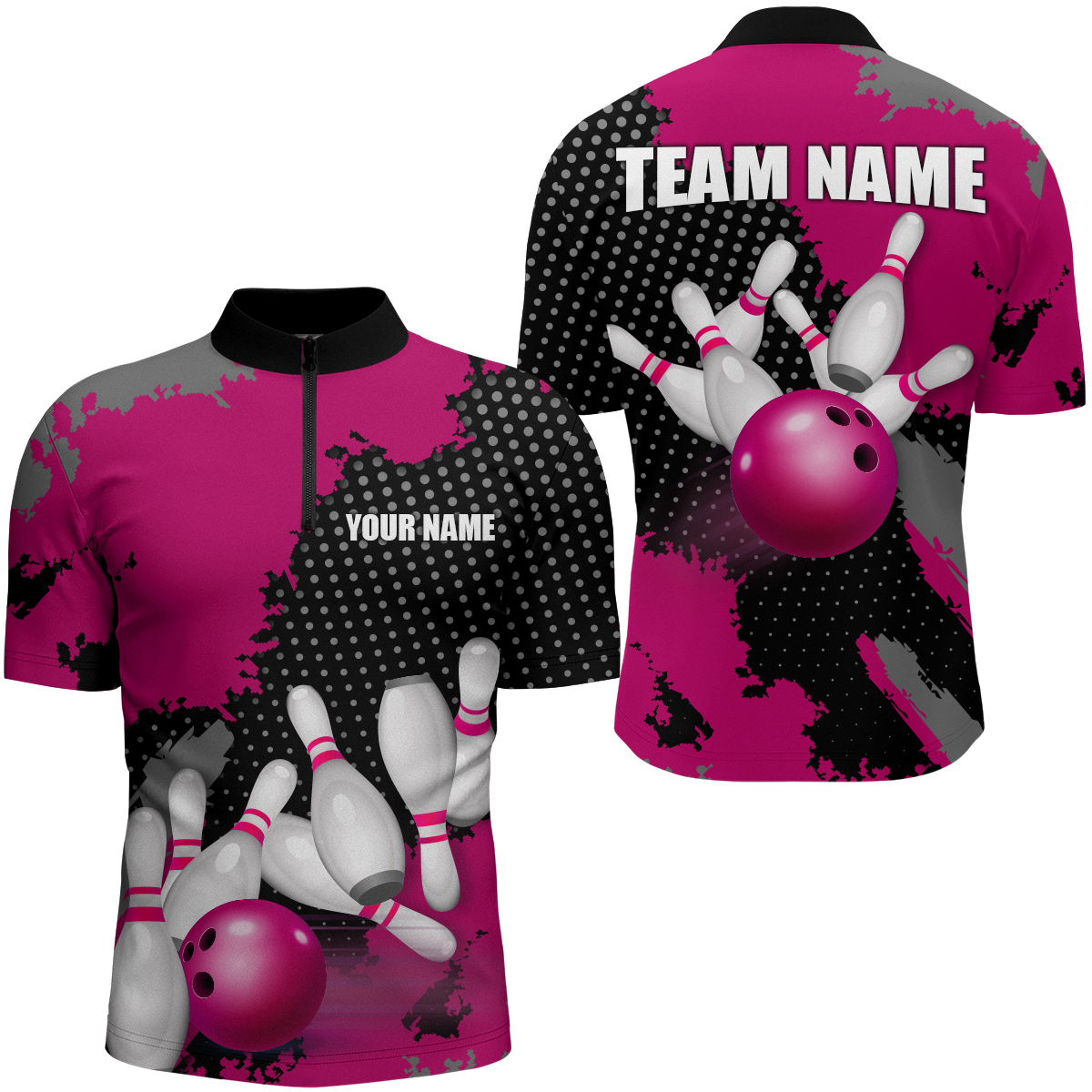 Pink Bowling Jersey Men Women Custom Bowling Team Shirts Unisex Bowling Polo Quarter-zip CP27