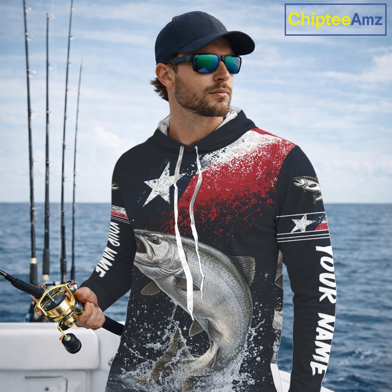 Custom Vintage Chinook Salmon Long Sleeve Hooded Patriotic Fishing Shirt For Men, Salmon Texas Flag Fishing Shirt NHT765