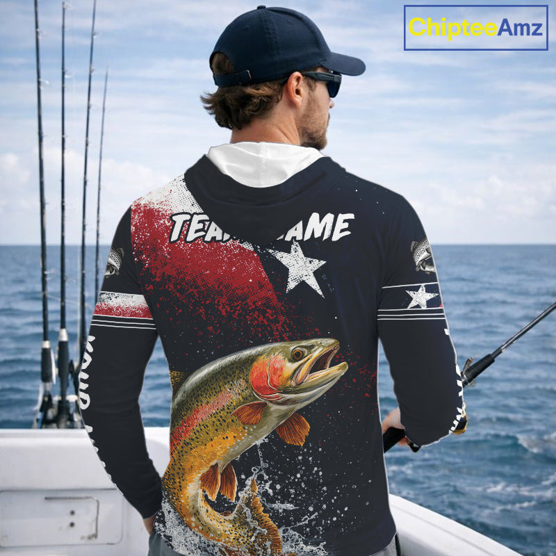 Custom Vintage Rainbow Trout Long Sleeve Hooded Patriotic Fishing Shirt For Men, Trout Texas Flag Fishing Shirt NHT766