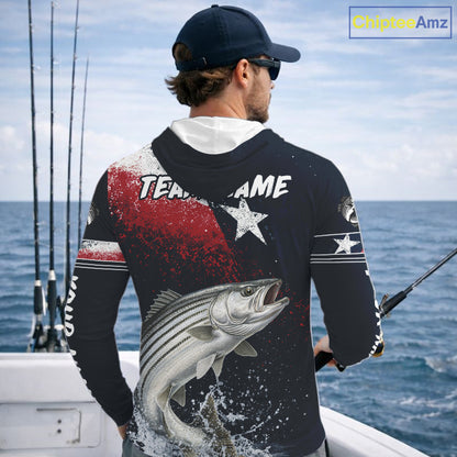 Custom Vintage Striped Bass Long Sleeve Hooded Patriotic Fishing Shirt For Men, Bass Texas Flag Fishing Shirt NHT768