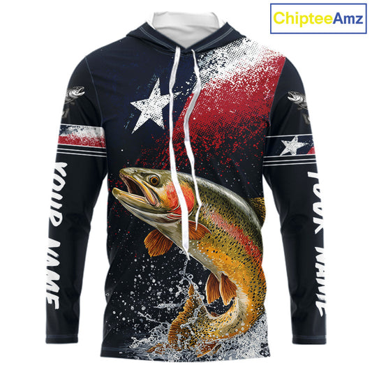 Custom Vintage Rainbow Trout Long Sleeve Hooded Patriotic Fishing Shirt For Men, Trout Texas Flag Fishing Shirt NHT766