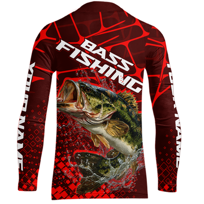 Largemouth Bass Fishing, Kid Fishing Shirts Long Sleeve Scale, Fishing Gift |Red NHT391