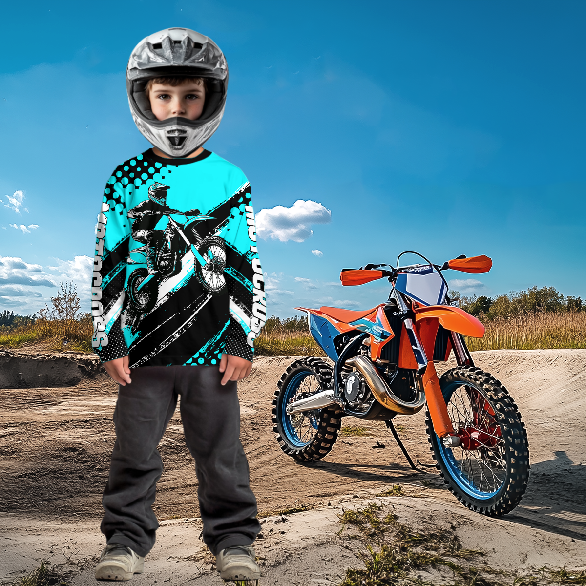 Personalized Turquoise Racing Jersey Motocross for Men Women Kid Upf30+ Youth Off-Road Racing Jersey DNT02