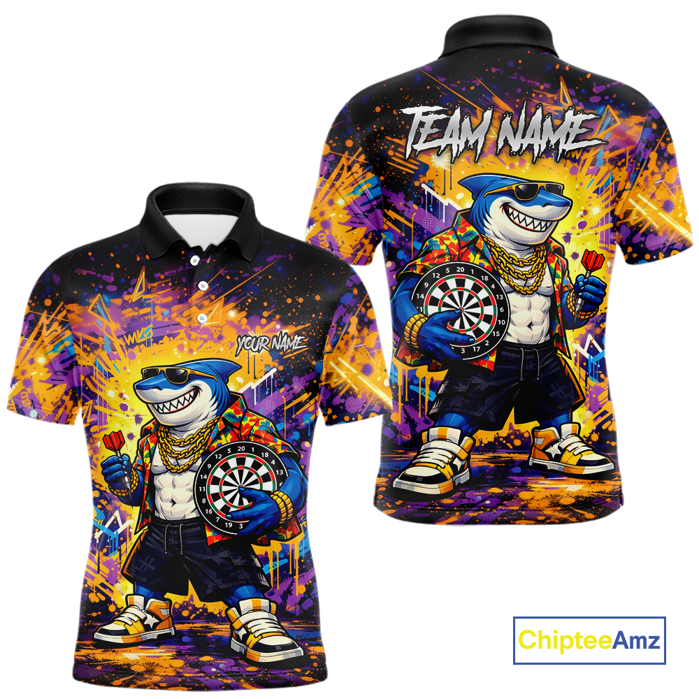 Custom Funny Shark Dart Shirts for Men Darts Team Jerseys Dart Tournament Polo & 1/4 Zip NNT136