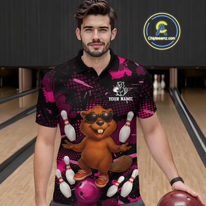 Custom Pink Funny Beaver Bowling Team Shirt Men Bowling League Jersey Polo Bowling Outfit QZT764