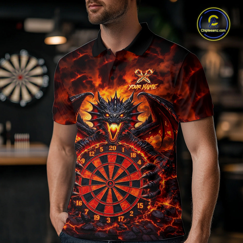 Fire Flame Dragon Black & Red Dartboard Dart Polo Shirts For Men Custom Dart Team Shirts NYN2673