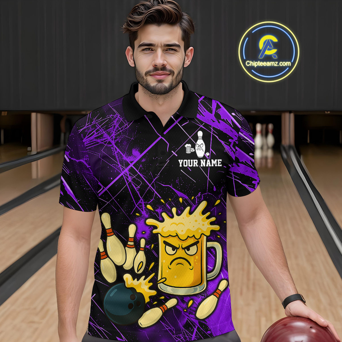 Custom Purple Funny Beer Bowling Shirt Team Bowling League Jersey for Men Bowling Outfit QZT767