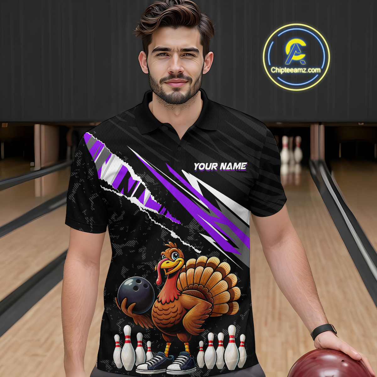Custom Purple Funny Turkey Bowling Jersey for Men Thanksgiving Bowling Shirts Polo & 1/4 Zip HNT117