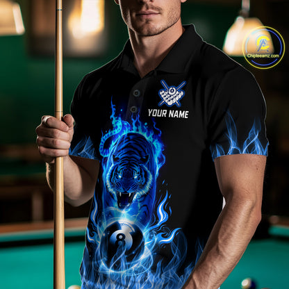 Custom Blue Tiger Flaming 8 Ball Pool Men Billiard Polo & 1/4 Zip Shirts Billiard Team Shirt NNT79