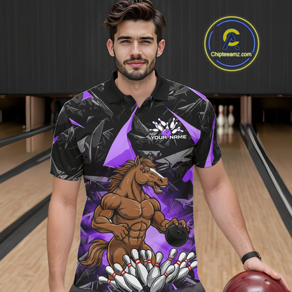 Custom Purple Funny Horse Bowling Jersey for Men Bowling Team Shirts Bowling League Polo & 1/4 Zip HNT183