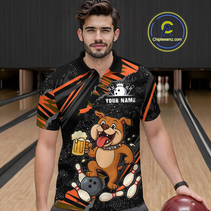 Custom Orange Funny Bulldog & Beer Bowling Shirt Men Bowling Team Jersey League Polo & 1/4 Zip QZT812
