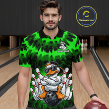 Load image into Gallery viewer, Custom Green Funny Duck Bowling Jersey for Men Bowling Uniform Polo &amp; 1/4 Zip Bowling Team Shirts HNT238