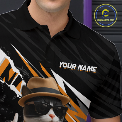 Custom Orange Funny Cat Bowling Jersey for Men Bowling Shirt Polo & 1/4 Zip Bowling Team Shirts HNT136