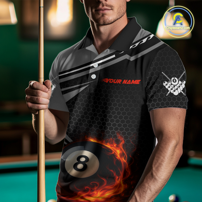 Personalized Grey 8 Ball Flame Billiard Shirts for Men, Billiard Team Polo & 1/4 Zip Shirts NNT65