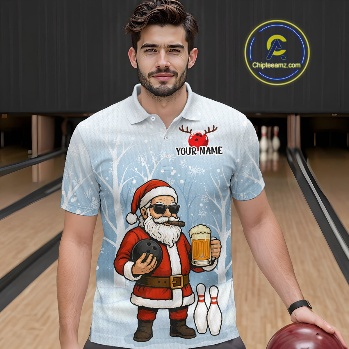 Funny Beer Santa Christmas Custom Bowling Jersey for Men Bowling Team Shirts Polo & 1/4 Zip HNT141