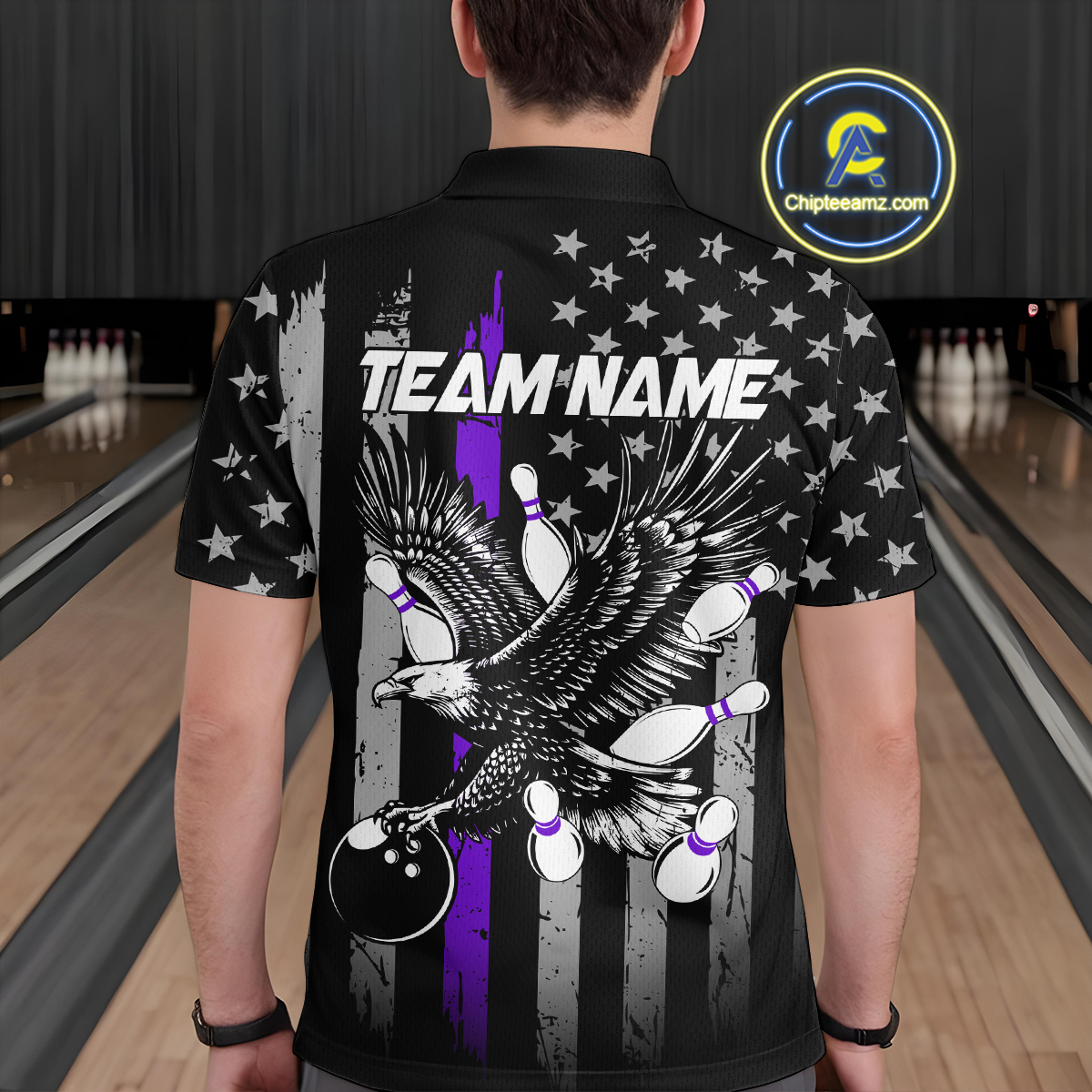 Custom Purple US Flag Eagle Bowling Jersey for Men Bowling Team Shirts Polo & 1/4 Zip HNT119