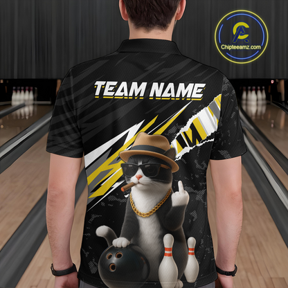 Custom Yellow Funny Cat Bowling Jersey for Men Bowling Shirt Polo & 1/4 Zip Bowling Team Shirts HNT136